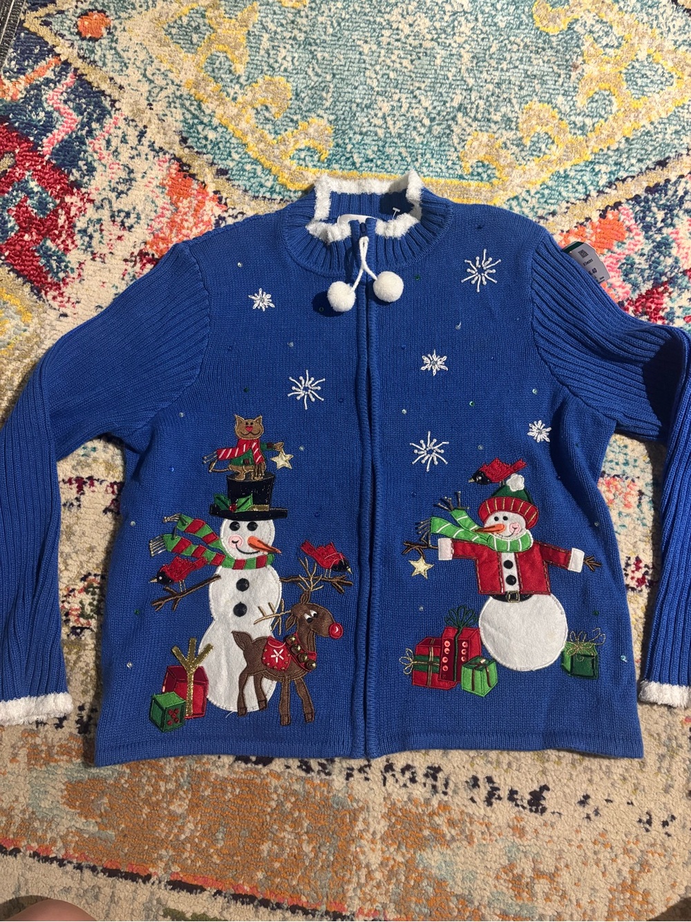 NWT Carly St Claire Designer Blue Holiday Snowman & Reindeer Zip Cardigan